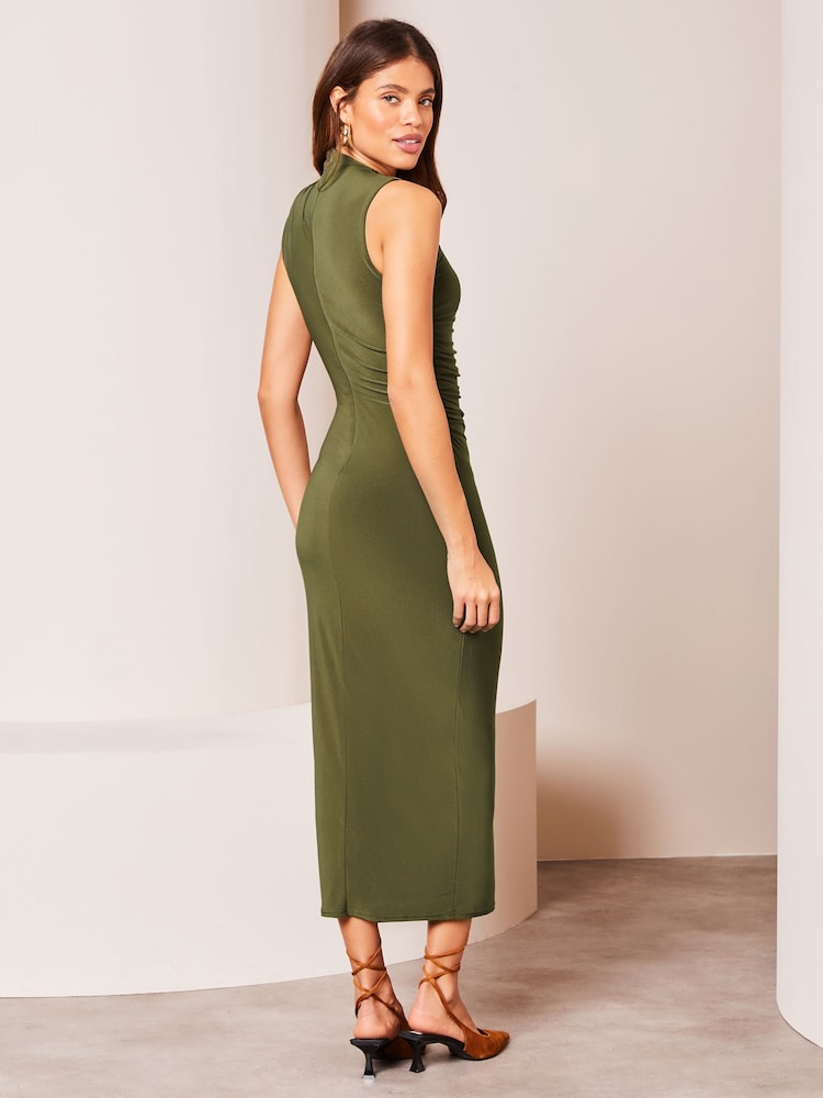 Lipsy Khaki Petite Sleeveless Sculpted High Neck Slinky Midi Dress - Image 2 of 4 Lipsy Khaki Petite Sleeveless Sculpted High Neck Slinky Midi Dress - Image 2 of 4