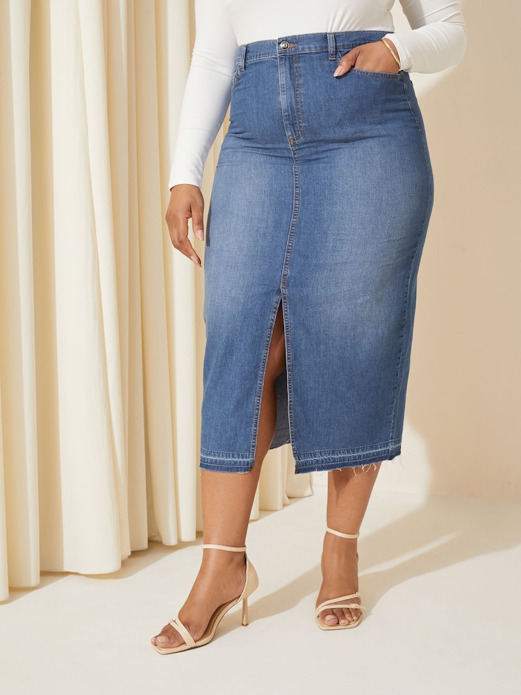 Curves Like These Blue Denim Midi Skirt - Image 1 of 4 Curves Like These Blue Denim Midi Skirt - Image 1 of 4