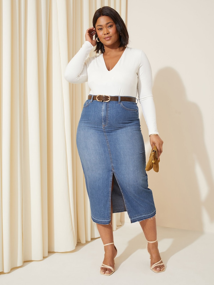 Curves Like These Blue Denim Midi Skirt - Image 2 of 4 Curves Like These Blue Denim Midi Skirt - Image 2 of 4