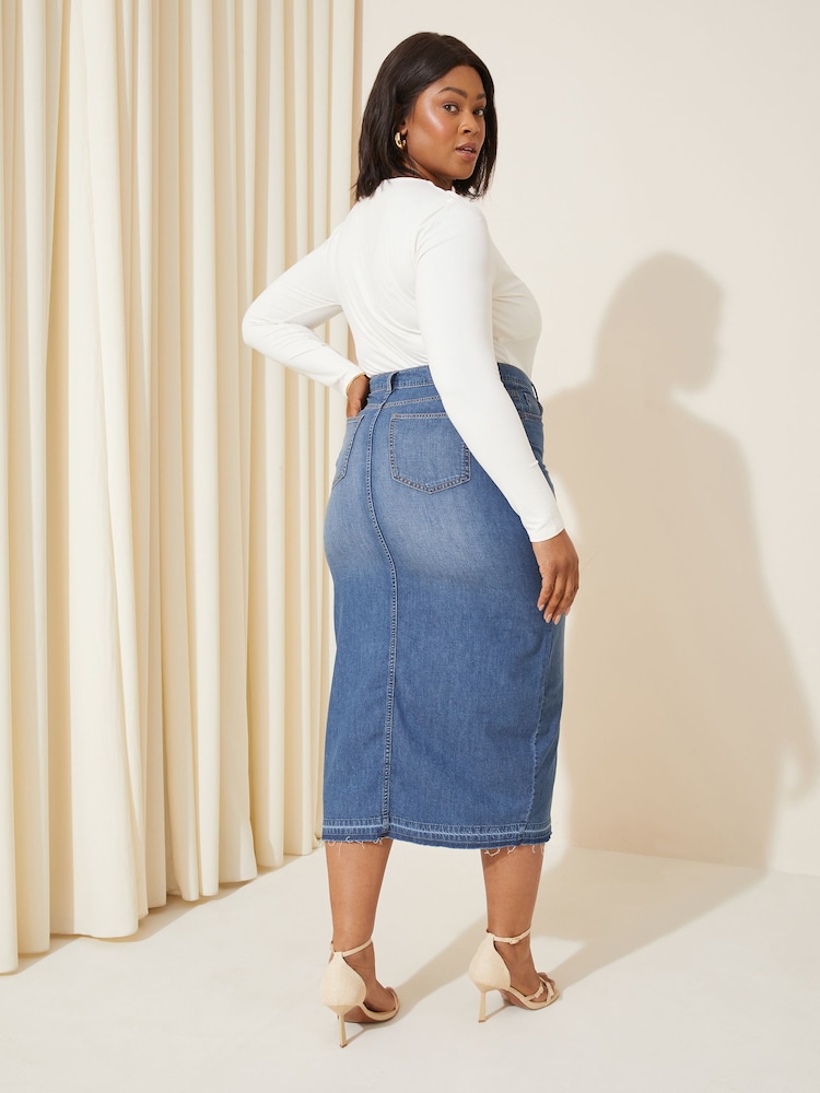 Curves Like These Blue Denim Midi Skirt - Image 4 of 4 Curves Like These Blue Denim Midi Skirt - Image 4 of 4