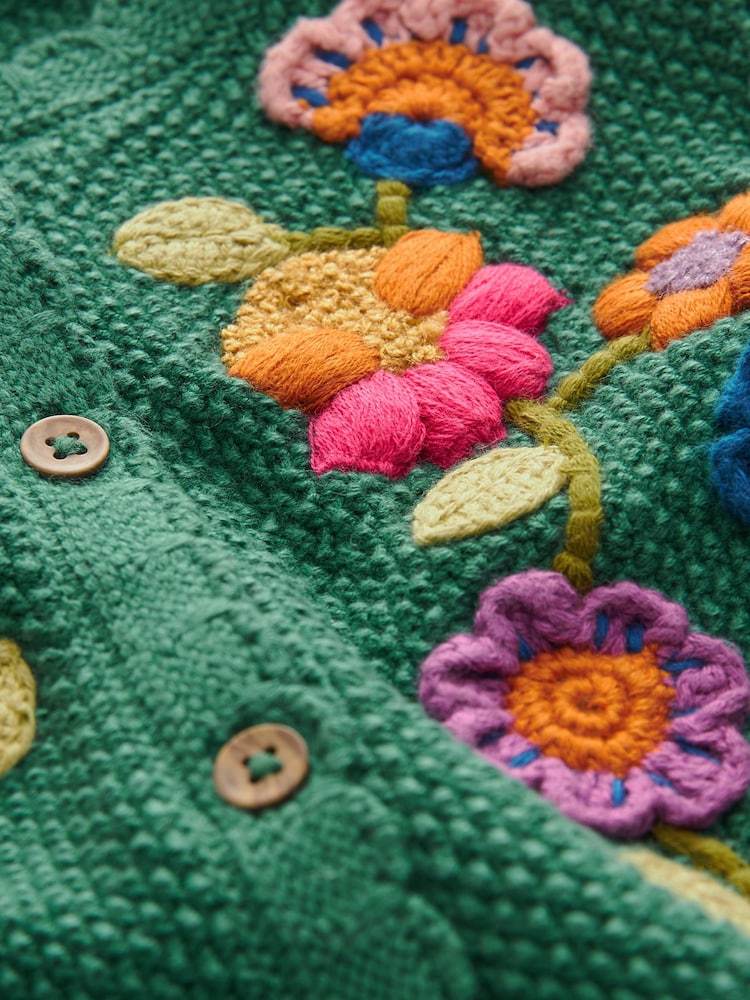 Green Floral Embroidered 100% Cotton Cardigan (3mths-7yrs) - Image 7 of 7 Green Floral Embroidered 100% Cotton Cardigan (3mths-7yrs) - Image 7 of 7