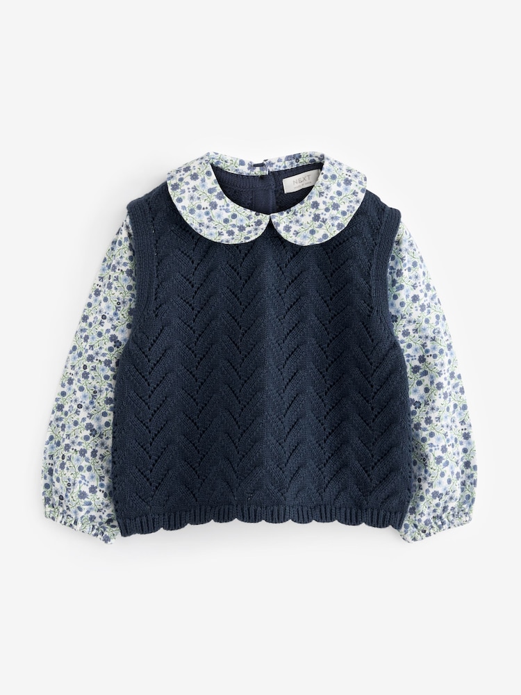 Navy Blue Mock Layer 100% Cotton Jumper (3mths-7yrs) - Image 1 of 3