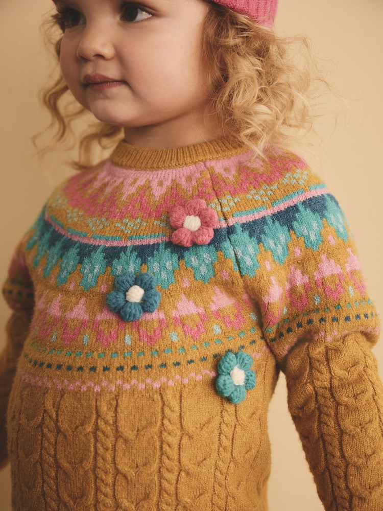 Ochre Yellow Fairisle Pattern Jumper Dress (3mths-7yrs) - Image 3 of 3
