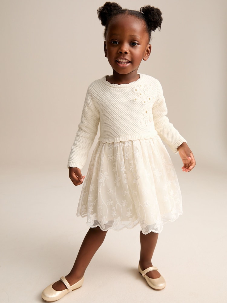 Ecru 2-in-1 Occasion Long Sleeve Knitted Jumper Dress (3mths-10yrs) - Image 1 of 10