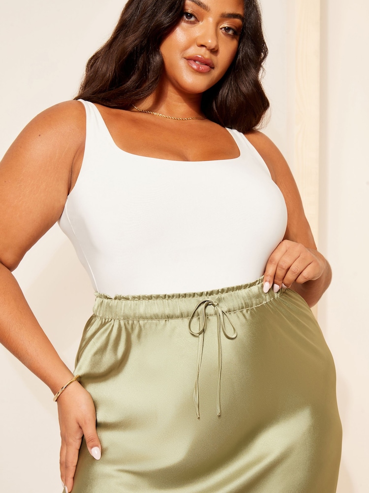 Curves Like These Khaki Green Satin Tie Front Maxi Skirt - Image 2 of 4 Curves Like These Khaki Green Satin Tie Front Maxi Skirt - Image 2 of 4