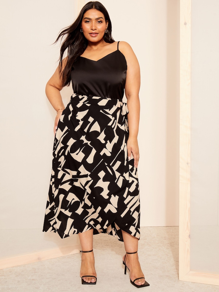 Curves Like These Black Geo Print Wrap Midi Skirt - Image 1 of 4