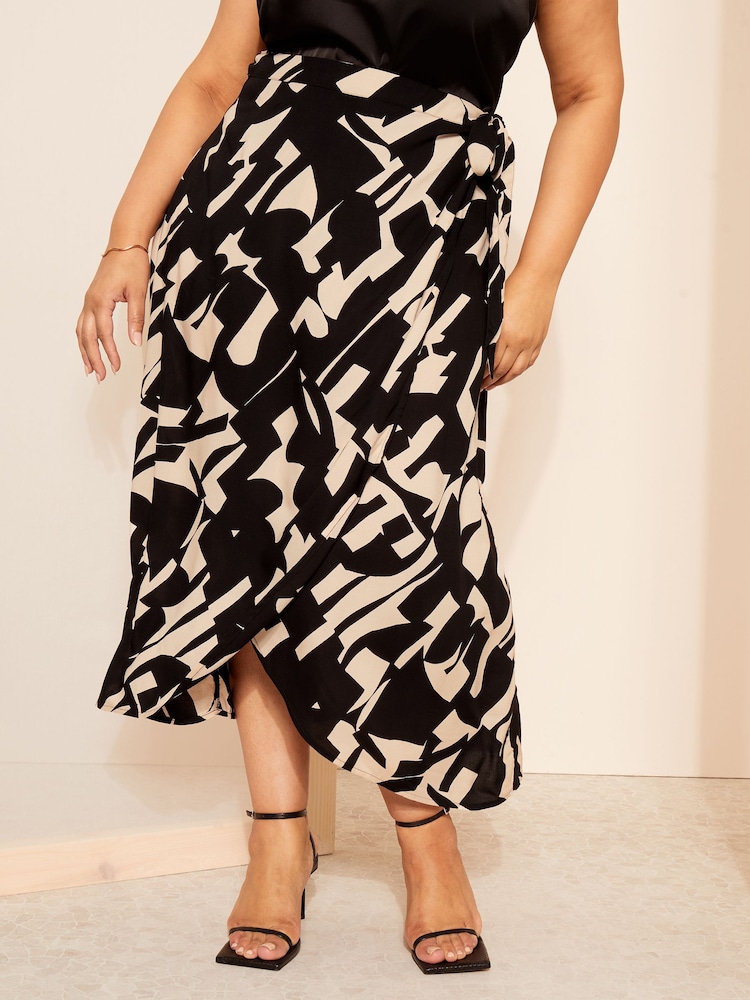 Curves Like These Black Geo Print Wrap Midi Skirt - Image 2 of 4