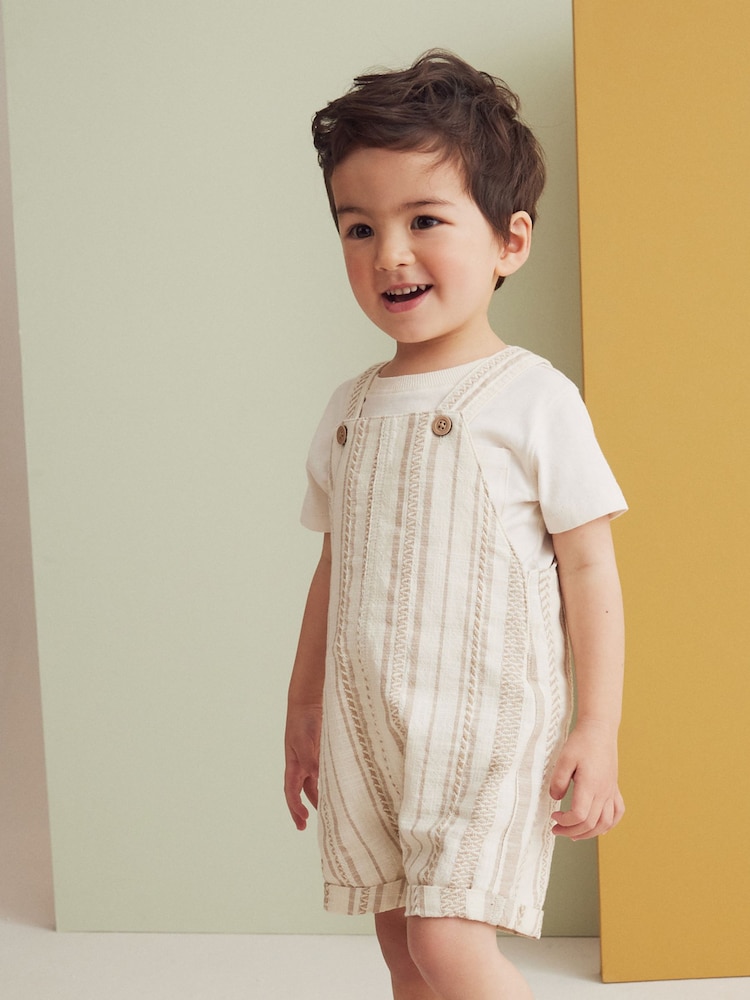Ecru Textured Stripe 100% Cotton Dungaree (3mths-6yrs) - Image 1 of 6 Ecru Textured Stripe 100% Cotton Dungaree (3mths-6yrs) - Image 1 of 6