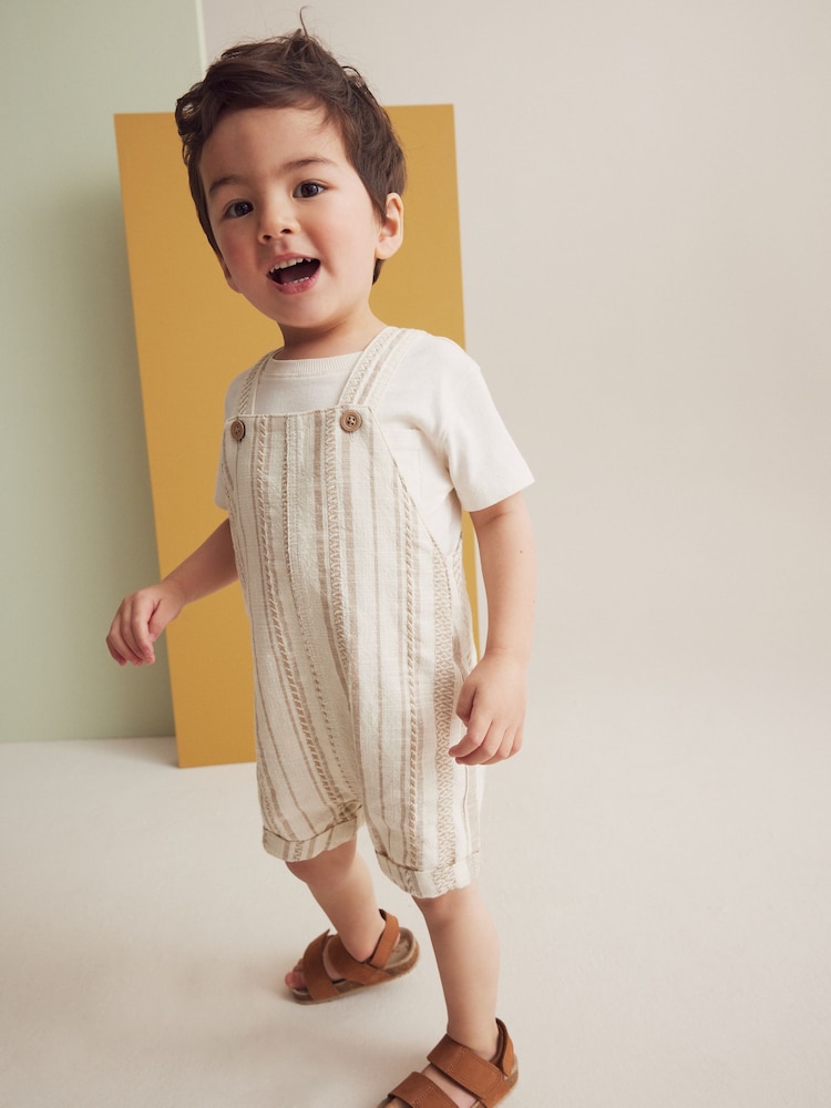 Ecru Textured Stripe 100% Cotton Dungaree (3mths-6yrs) - Image 2 of 6