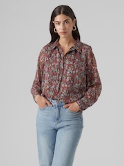 VERO MODA Red & Pink Flora Floral Printed Sheer Shirt - Image 1 of 5