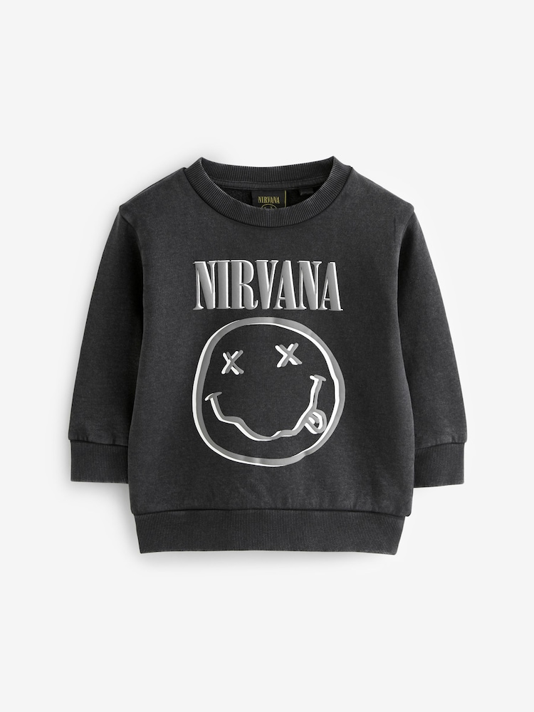 Charcoal Grey Acid Wash Nirvana Crew Neck 100% Cotton Sweatshirt (3mths-8yrs) - Image 1 of 3