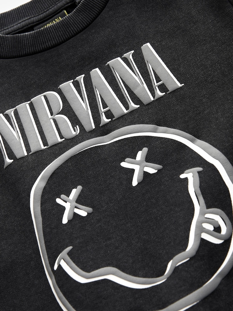 Charcoal Grey Acid Wash Nirvana Crew Neck 100% Cotton Sweatshirt (3mths-8yrs) - Image 3 of 3