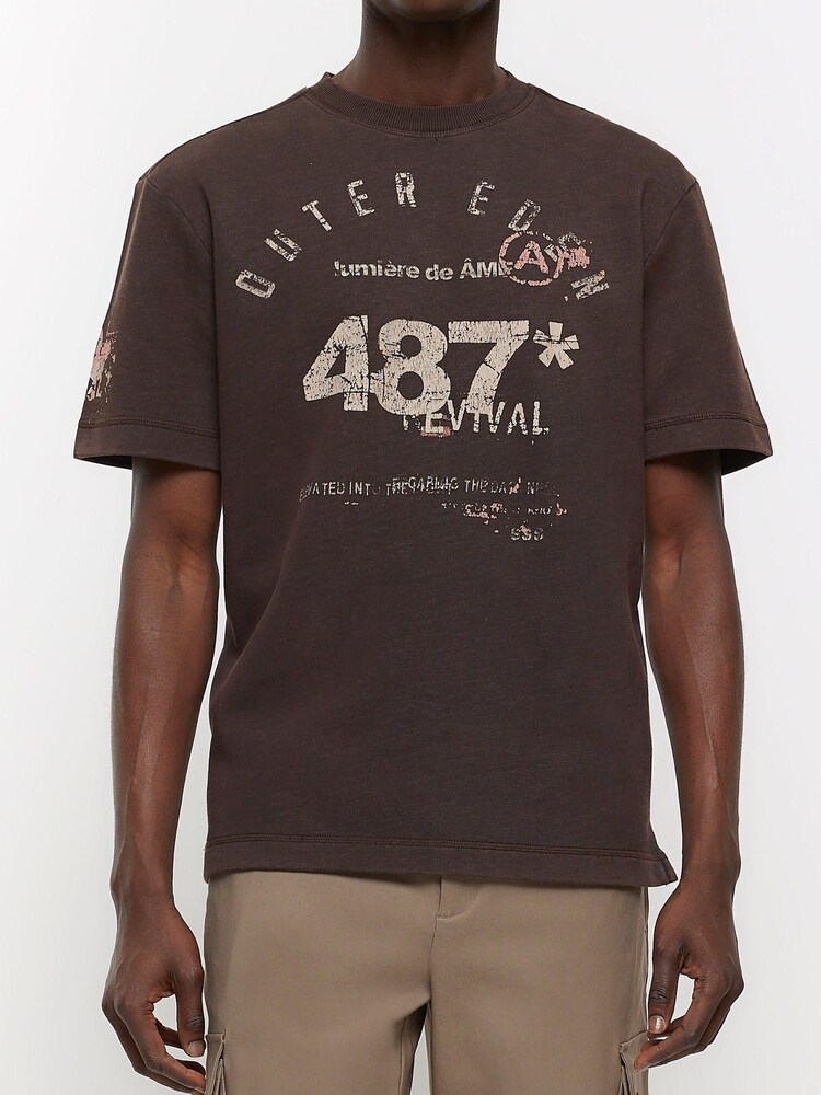 River Island Brown Regular Fit 100% Cotton Outer Eden T-Shirt - Image 1 of 4
