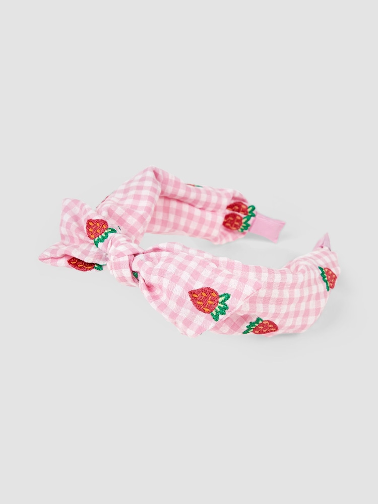 JoJo Maman Bébé Pink Strawberry Embroidered Gingham Headband - Image 1 of 3
