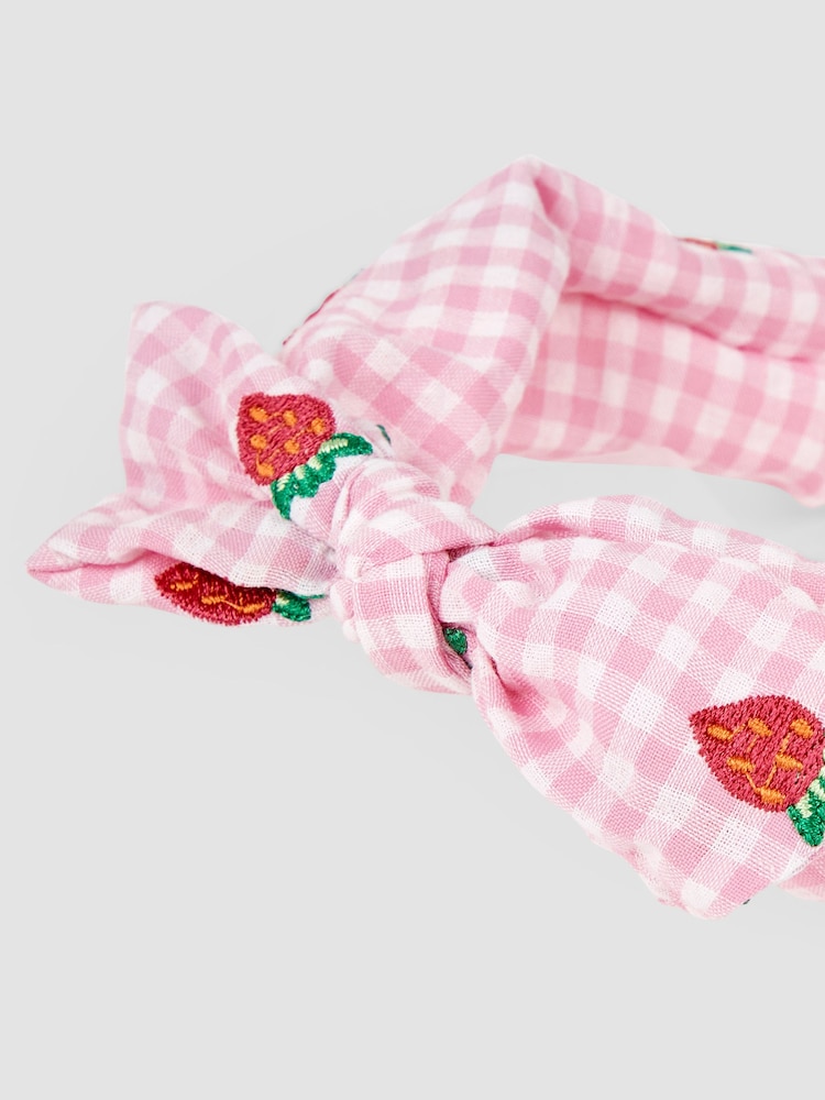JoJo Maman Bébé Pink Strawberry Embroidered Gingham Headband - Image 2 of 3