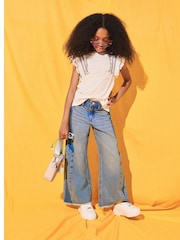 River Island Girls Denim Patchwork Wide Leg 100% Cotton Jeans - Image 1 of 6
