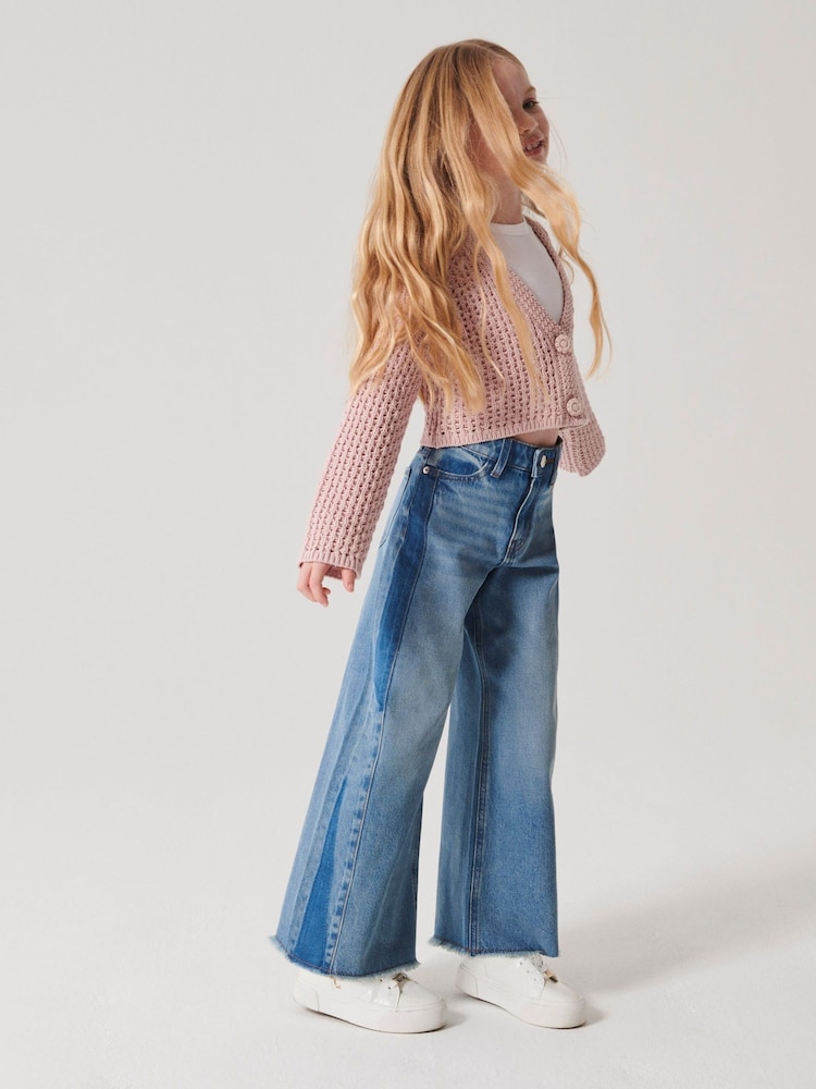 River Island Girls Denim Patchwork Wide Leg 100% Cotton Jeans - Image 2 of 6