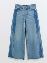 River Island Girls Denim Patchwork Wide Leg 100% Cotton Jeans - Image 3 of 6