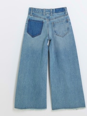 River Island Girls Denim Patchwork Wide Leg 100% Cotton Jeans - Image 4 of 6