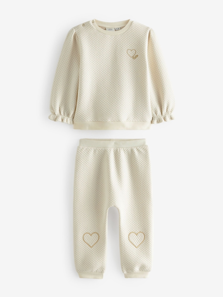 River Island Cream Baby Girls Quilted 100% Cotton Sweat Jogger Set - Image 1 of 3