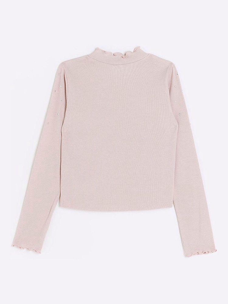 River Island Pink Girls Embellished Ribbed High Neck Top - Image 2 of 4 River Island Pink Girls Embellished Ribbed High Neck Top - Image 2 of 4