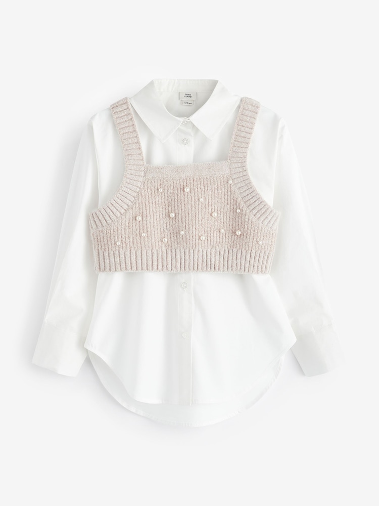River Island Brown Girls Pearl Embellished Hybrid Jumper Set - Image 1 of 6