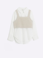 River Island Brown Girls Pearl Embellished Hybrid Jumper Set - Image 2 of 6