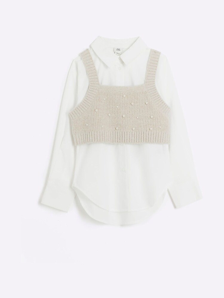 River Island Brown Girls Pearl Embellished Hybrid Jumper Set - Image 2 of 6 River Island Brown Girls Pearl Embellished Hybrid Jumper Set - Image 2 of 6