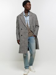 River Island Grey Textured Double Breasted Overcoat - Image 1 of 6