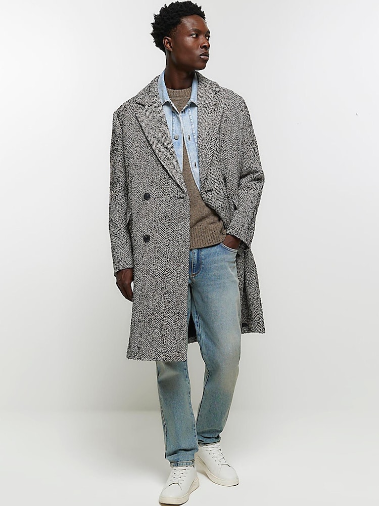 River Island Grey Textured Double Breasted Overcoat - Image 1 of 6 River Island Grey Textured Double Breasted Overcoat - Image 1 of 6