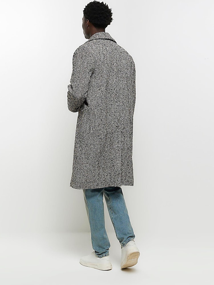 River Island Grey Textured Double Breasted Overcoat - Image 2 of 6