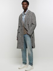 River Island Grey Textured Double Breasted Overcoat - Image 3 of 6