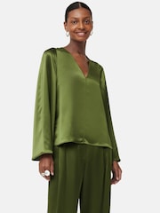 Jigsaw Green Satin Drape Fluted Sleeve Top - Image 1 of 7