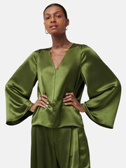 Jigsaw Green Satin Drape Fluted Sleeve Top - Image 5 of 7