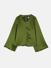 Jigsaw Green Satin Drape Fluted Sleeve Top - Image 7 of 7