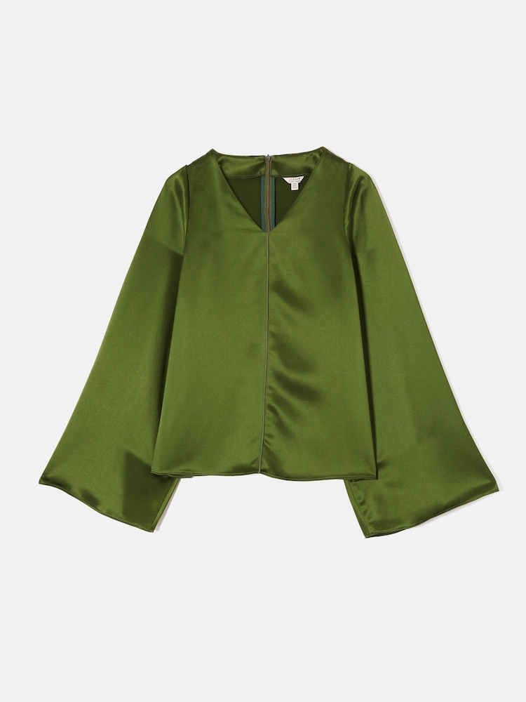 Jigsaw Green Satin Drape Fluted Sleeve Top - Image 7 of 7