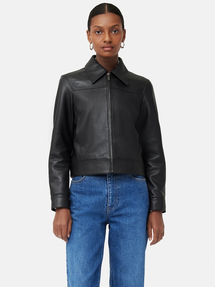 Jigsaw Black Zip Front Leather Biker Jacket - Image 1 of 7