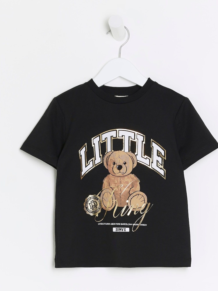 River Island Black Boys 100% Cotton Little King Bear T-Shirt - Image 1 of 4