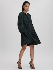 Reiss Green Trina Pleated Belted Mini Dress - Image 1 of 7