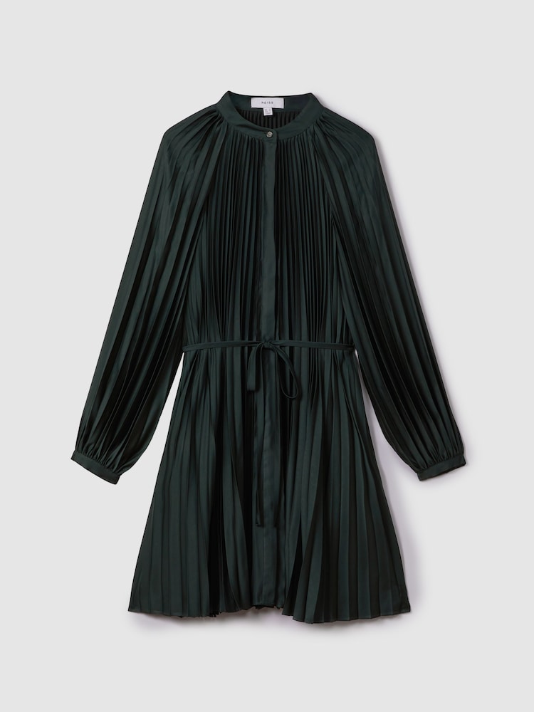 Reiss Green Trina Pleated Belted Mini Dress - Image 2 of 7