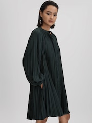 Reiss Green Trina Pleated Belted Mini Dress - Image 3 of 7