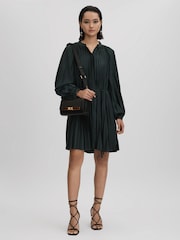 Reiss Green Trina Pleated Belted Mini Dress - Image 6 of 7