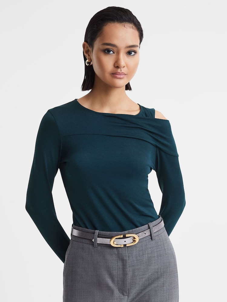 Reiss Teal Adeline Draped Shoulder Top - Image 1 of 5