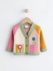 Pink/Yellow Colourblock Baby Embroidered Knitted 100% Cotton Cardigan (0mths-2yrs) - Image 1 of 6