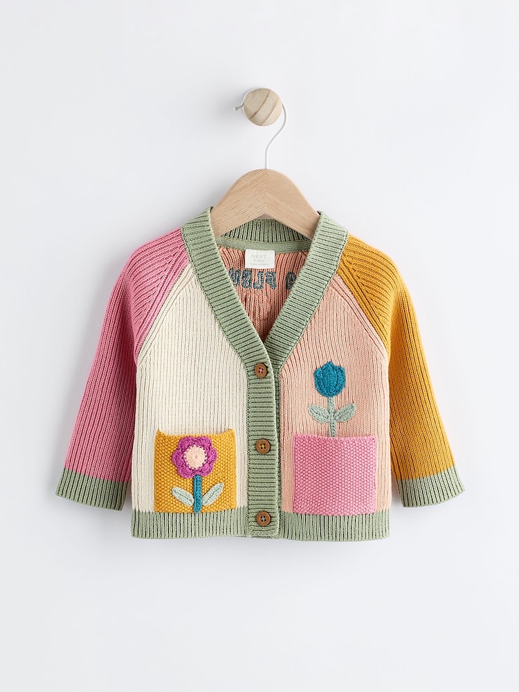 Pink/Yellow Colourblock Baby Embroidered Knitted 100% Cotton Cardigan (0mths-2yrs) - Image 1 of 6