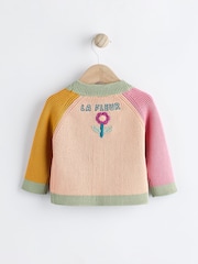 Pink/Yellow Colourblock Baby Embroidered Knitted 100% Cotton Cardigan (0mths-2yrs) - Image 2 of 6