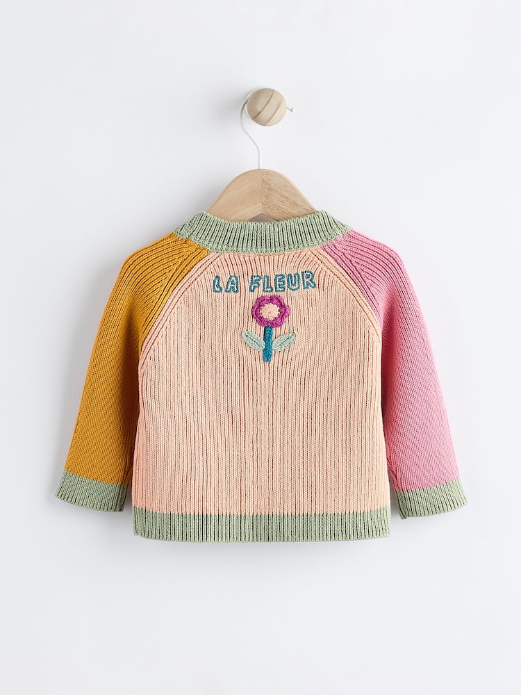Pink/Yellow Colourblock Baby Embroidered Knitted 100% Cotton Cardigan (0mths-2yrs) - Image 2 of 6