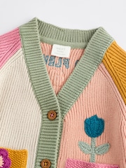 Pink/Yellow Colourblock Baby Embroidered Knitted 100% Cotton Cardigan (0mths-2yrs) - Image 4 of 6