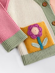 Pink/Yellow Colourblock Baby Embroidered Knitted 100% Cotton Cardigan (0mths-2yrs) - Image 5 of 6