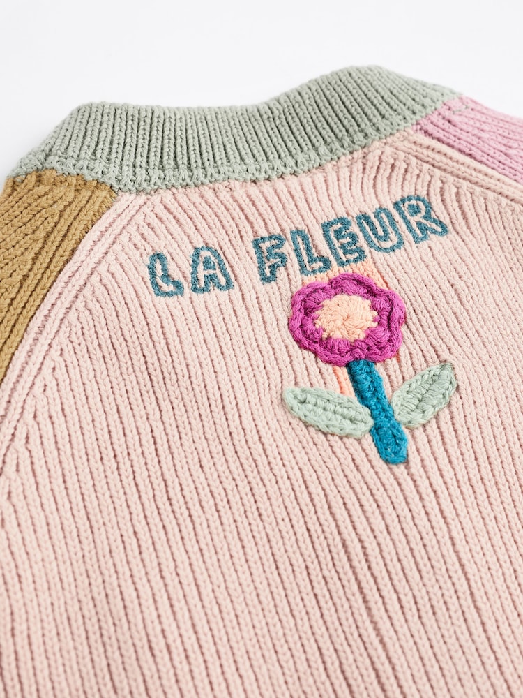 Pink/Yellow Colourblock Baby Embroidered Knitted 100% Cotton Cardigan (0mths-2yrs) - Image 6 of 6